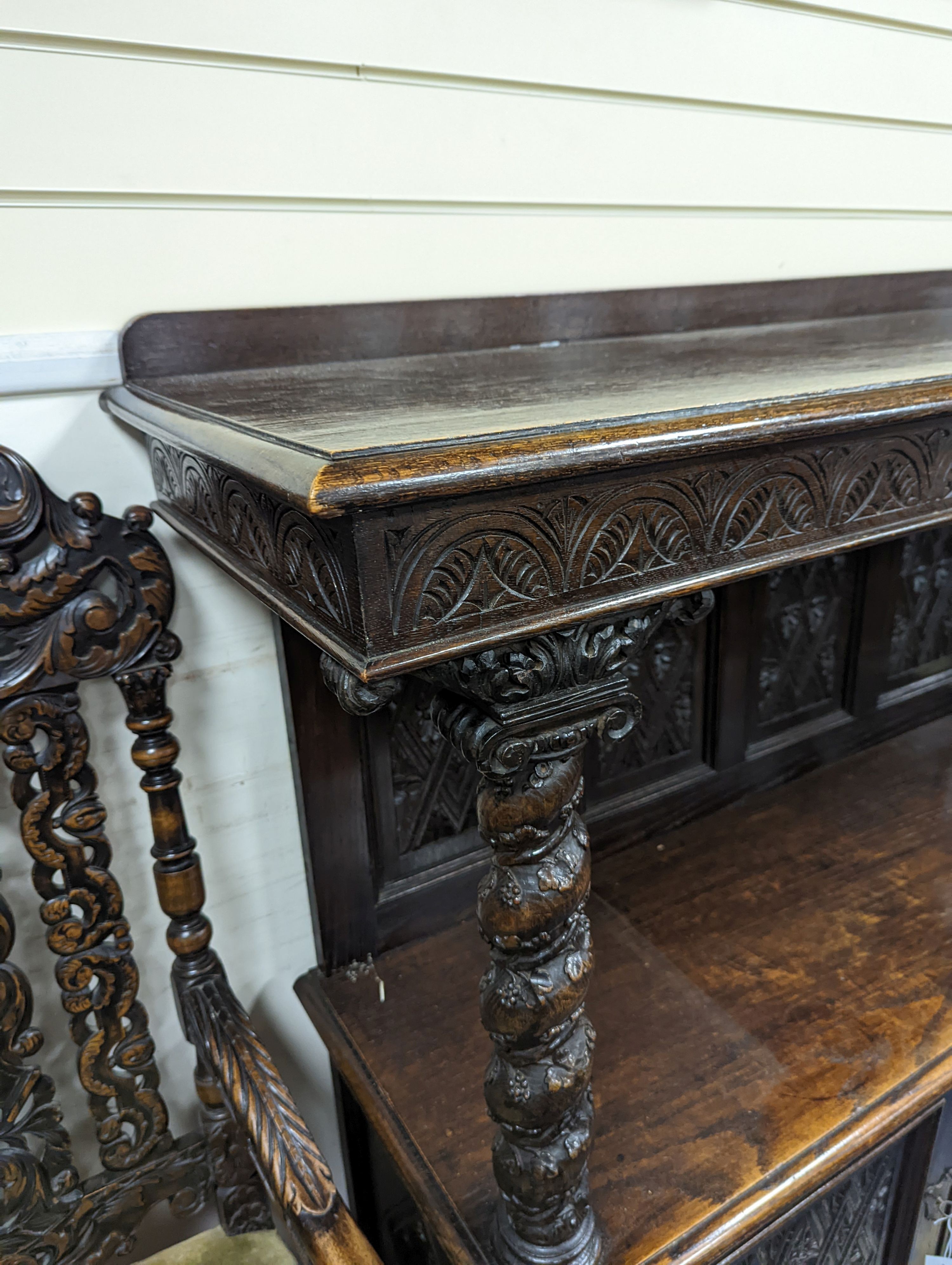 An 18th century and later oak buffet, length 140cm, depth 46cm, height 135cm